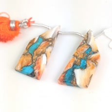 Copper Spiny Oyster with Turquoise Fancy Shape 39x13mm Drilled Beads Matching Pair