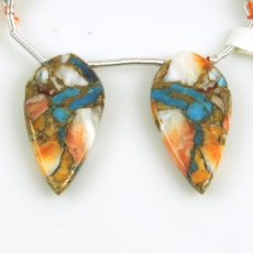 Copper Spiny Oyster with Turquoise Leaf Shape 31x15mm Drilled Beads Matching Pair