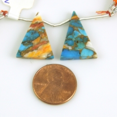 Copper Spiny Oyster with Turquoise Trillion Shape 23x16mm Drilled Beads Matching Pair