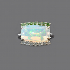 East-West Ethiopian Cab Long Cushion 3.75 Carat Ring In 14K White Gold Accented With White And Green Diamonds