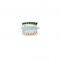 East-West Ethiopian Cab Long Cushion 3.75 Carat Ring In 14K White Gold Accented With White And Green Diamonds