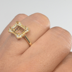 East-West Long Cushion 9x7mm Ring Semi Mount In 14K Yellow Gold With White Diamonds