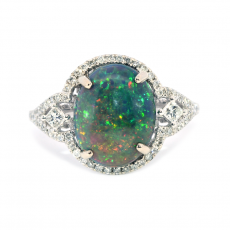 Ethiopian Black Opal Cab Oval 2.17 Carat Ring In 14K White Gold Accented With Diamonds