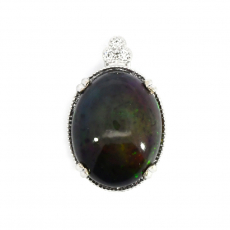 Ethiopian Black Opal Oval Shape 5.80 Carat Pendant In 14k White Gold  With Accent Diamonds