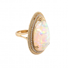 Ethiopian Opal Cab Pear Shape 15.30 Carat Ring With Accent Diamonds In 14k Yellow Gold