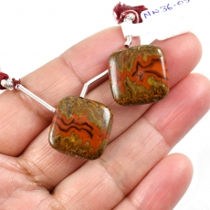 Fire Agate Drops Cushion Shape 18x18mm Drilled Beads Matching Pair