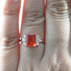 Fire Opal Emerald Cut 1.44 Carat Ring In14K Rose Gold With Accented Diamonds