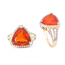 Fire Opal Trillion Shape 4.09 Carat Ring In 14K Yellow Gold Accented With Diamonds