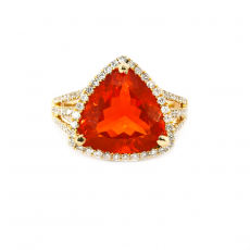 Fire Opal Trillion Shape 4.09 Carat Ring In 14K Yellow Gold Accented With Diamonds
