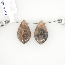 Fossil Coral Drop Leaf Shape 25x15mm Drilled Bead Matching Pair