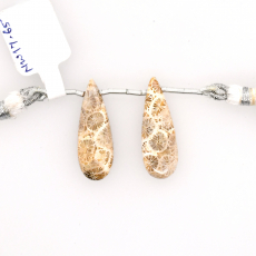 Fossil Coral Drops Almond Shape 27x9mm Drilled Bead Matching Pair