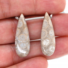 Fossil Coral Drops Almond Shape 30x10mm Drilled Bead Matching Pair