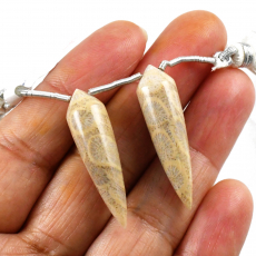 Fossil Coral Drops Briolette Shape 34x9mm Drilled Beads Matching Pair