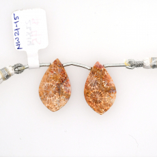 Fossil Coral Drops Leaf Shape 23x14mm Drilled Bead Matching Pair