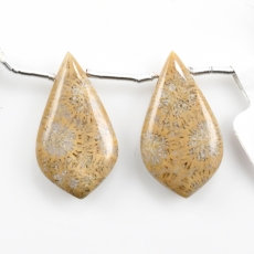 Fossil Coral Drops Leaf Shape 28x15mm Drilled Beads Matching Pair