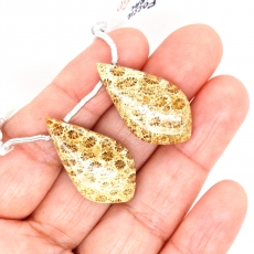 Fossil Coral Drops Leaf Shape 29X15mm Drilled Beads Matching Pair