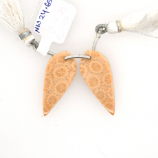 Fossil Coral Drops Leaf Shape 30x13mm Drilled Bead Matching Pair