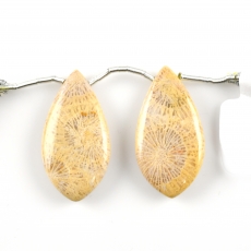 Fossil Coral Drops Leaf Shape 32x17mm Drilled Beads Matching Pair