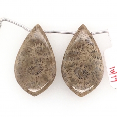 Fossil Coral Drops Leaf Shape 32x20mm Drilled Beads Matching Pair