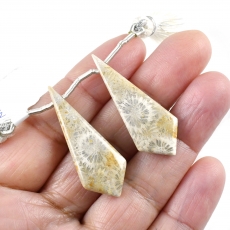 Fossil Coral Drops Leaf Shape 38x14mm Drilled Beads Matching Pair