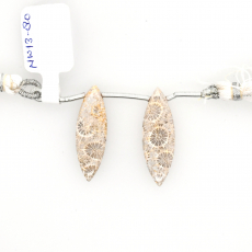 Fossil Coral Drops Marquise Shape 27x8mm Drilled Bead Matching Pair