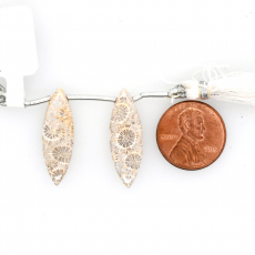 Fossil Coral Drops Marquise Shape 27x8mm Drilled Bead Matching Pair