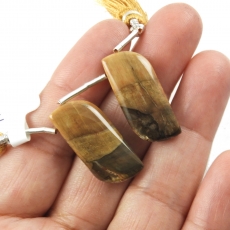 Fossilized Petrified Wood Drops Fancy Shape 28x12mm Drilled Beads Matching Pair