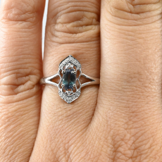 GIA Certified  Natural Blue-Green Changing To Purple Alexandrite Oval 0.55 Carat Ring In 14K White Gold With Accented Diamonds