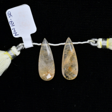 Golden Rutilated Drop Almond Shape 26x10mm Drilled Beads Matching Pair