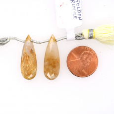 Golden Rutilated Drop Almond Shape 27x10mm Drilled Bead Matching Pair