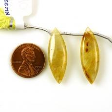 Golden Rutilated Quartz Drops  Marquise Shape 31x10mm Drilled Beads Matching Pair