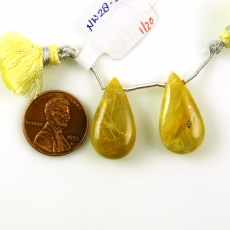 Golden Rutilated Quartz Drops Almond Shape 23x13mm Drilled Beads Matching Pair