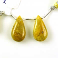 Golden Rutilated Quartz Drops Almond Shape 23x13mm Drilled Beads Matching Pair