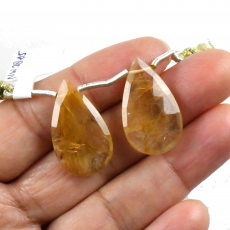 Golden Rutilated Quartz Drops Almond Shape 25x15mm Drilled Beads Matching Pair
