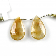 Golden Rutilated Quartz Drops Almond Shape 25x15mm Drilled Beads Matching Pair