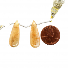 Golden Rutilated Quartz Drops Almond Shape 27x10mm Drilled Beads Matching Pair