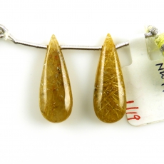 Golden Rutilated Quartz Drops Almond Shape 27x10MM Drilled Beads Matching Pair