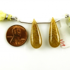 Golden Rutilated Quartz Drops Almond Shape 27x10MM Drilled Beads Matching Pair
