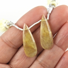 Golden Rutilated Quartz Drops Almond Shape 27x10mm Drilled Beads Matching Pair