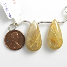 Golden Rutilated Quartz Drops Almond Shape 28x14mm Drilled Beads Matching Pair