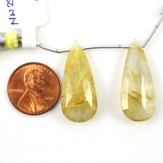 Golden Rutilated Quartz Drops Almond Shape 29x12mm Drilled Beads Matching Pair