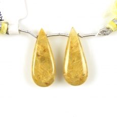 Golden Rutilated Quartz Drops Almond Shape 29x12mm Drilled Beads Matching Pair