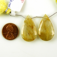 Golden Rutilated Quartz Drops Almond Shape 29x18mm Drilled Beads Matching Pair