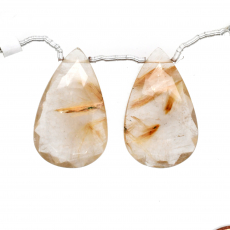 Golden Rutilated Quartz Drops Almond Shape 30x19mm Drilled Beads Matching Pair