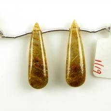 Golden Rutilated Quartz Drops Almond Shape 30x9MM Drilled Beads Matching Pair