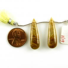 Golden Rutilated Quartz Drops Almond Shape 30x9MM Drilled Beads Matching Pair