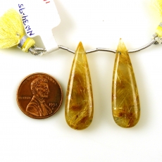 Golden Rutilated Quartz Drops Almond Shape 36x11mm Drilled Beads Matching Pair