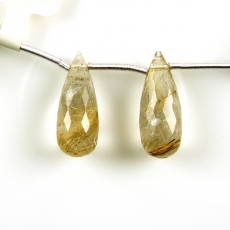 Golden Rutilated Quartz Drops Briolette Shape 22x9MM Drilled Beads Matching Pair