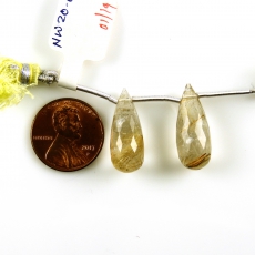 Golden Rutilated Quartz Drops Briolette Shape 22x9MM Drilled Beads Matching Pair