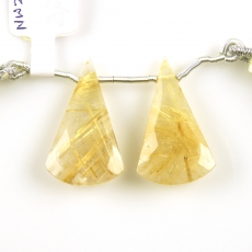 Golden Rutilated Quartz Drops Conical Shape 26x16mm Drilled Beads Matching Pair